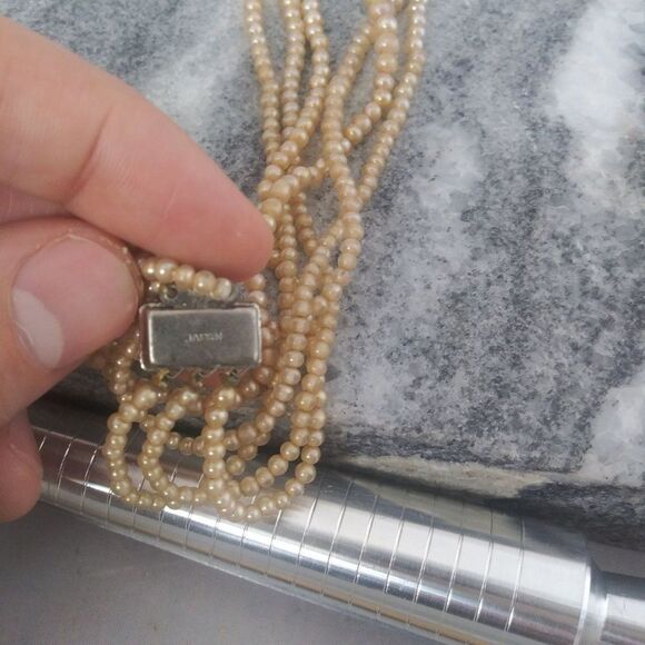 Vintage Three Strand Graduated Faux Pearl Necklace with Rhinestone Box Clasp - Picture 2 of 5